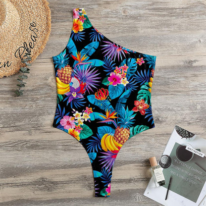 Turquoise Hawaiian Fruits Pattern Print One Shoulder Bodysuit