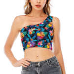 Turquoise Hawaiian Fruits Pattern Print One Shoulder Crop Top