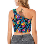 Turquoise Hawaiian Fruits Pattern Print One Shoulder Crop Top