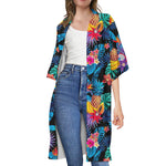Turquoise Hawaiian Fruits Pattern Print Open Front Beach Cover Up