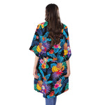 Turquoise Hawaiian Fruits Pattern Print Open Front Beach Cover Up