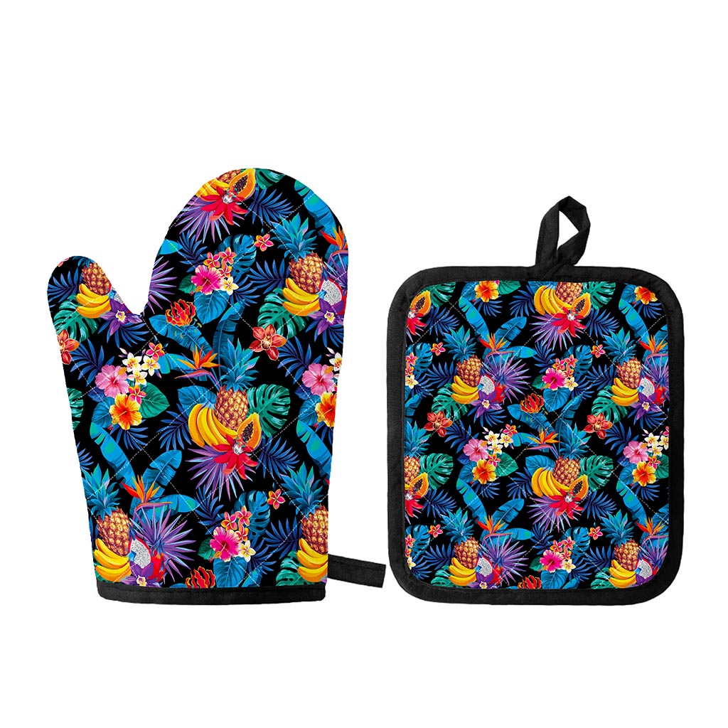 Turquoise Hawaiian Fruits Pattern Print Oven Mitt And Pot Holder Set