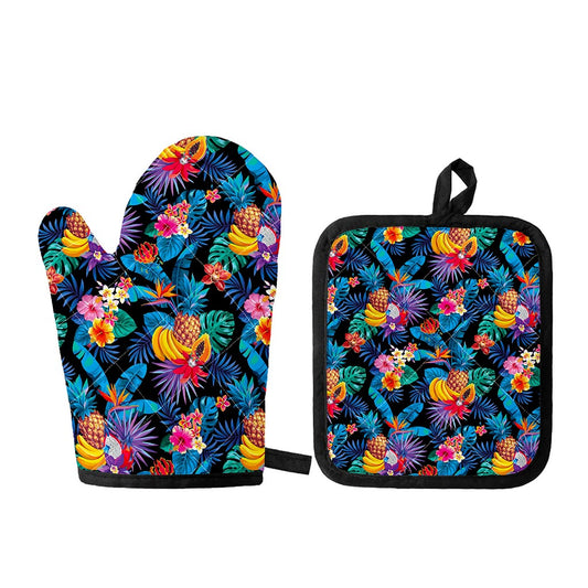 Turquoise Hawaiian Fruits Pattern Print Oven Mitt And Pot Holder Set