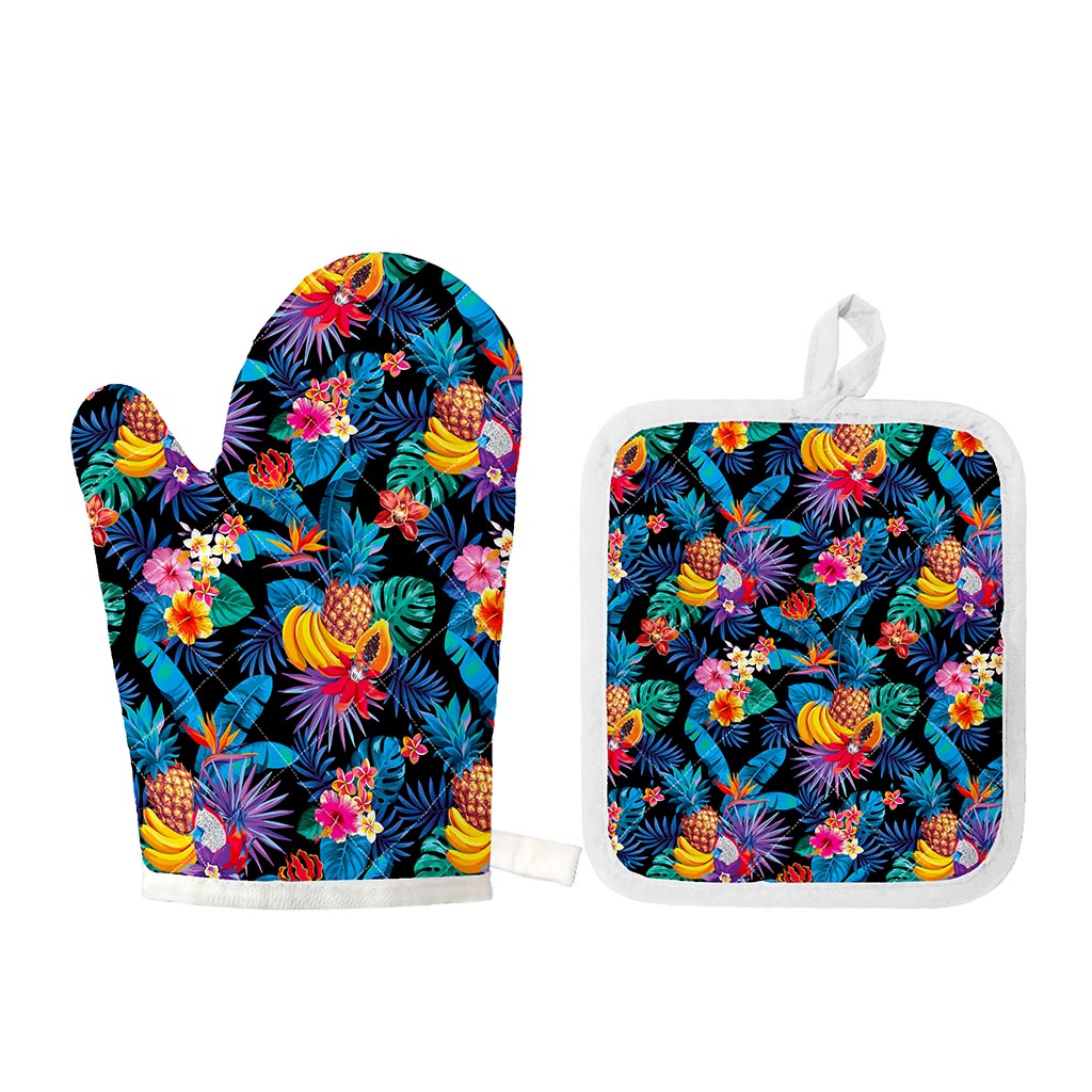Turquoise Hawaiian Fruits Pattern Print Oven Mitt And Pot Holder Set