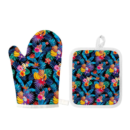 Turquoise Hawaiian Fruits Pattern Print Oven Mitt And Pot Holder Set