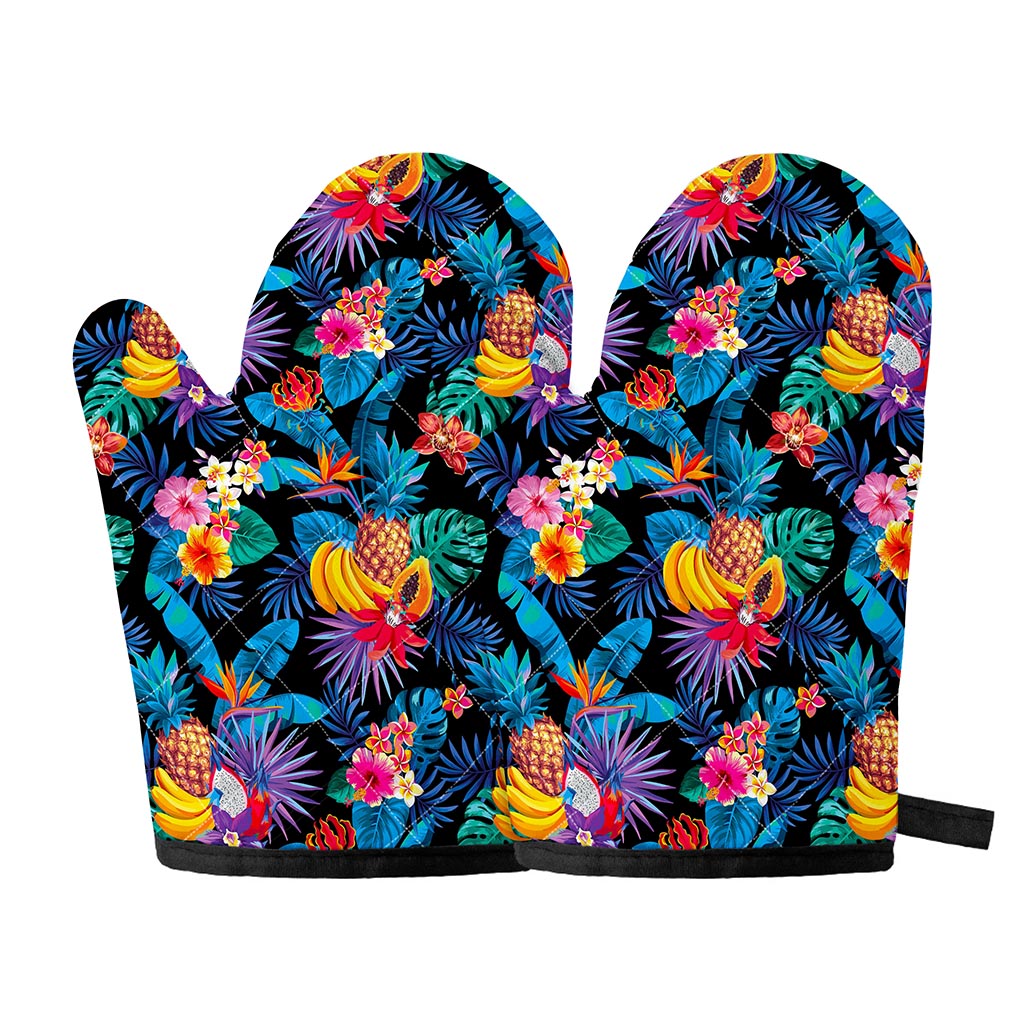 Turquoise Hawaiian Fruits Pattern Print Oven Mitts