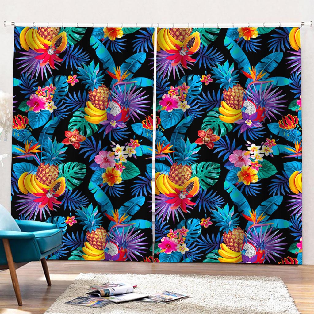 Turquoise Hawaiian Fruits Pattern Print Pencil Pleat Curtains