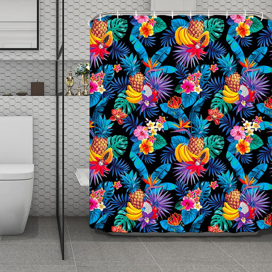 Turquoise Hawaiian Fruits Pattern Print Polyester Shower Curtain