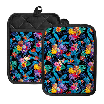Turquoise Hawaiian Fruits Pattern Print Pot Holders With Pocket