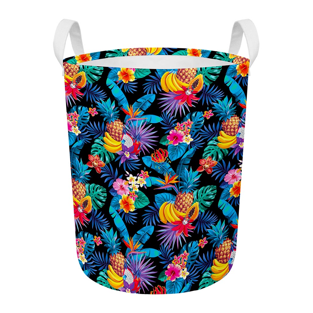 Turquoise Hawaiian Fruits Pattern Print Round Laundry Basket