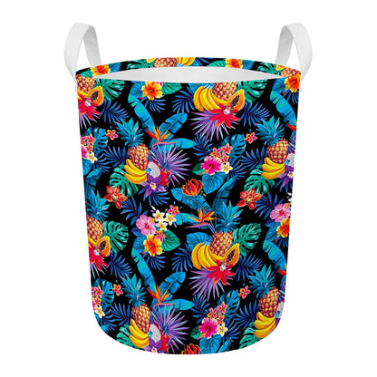 Turquoise Hawaiian Fruits Pattern Print Round Laundry Basket