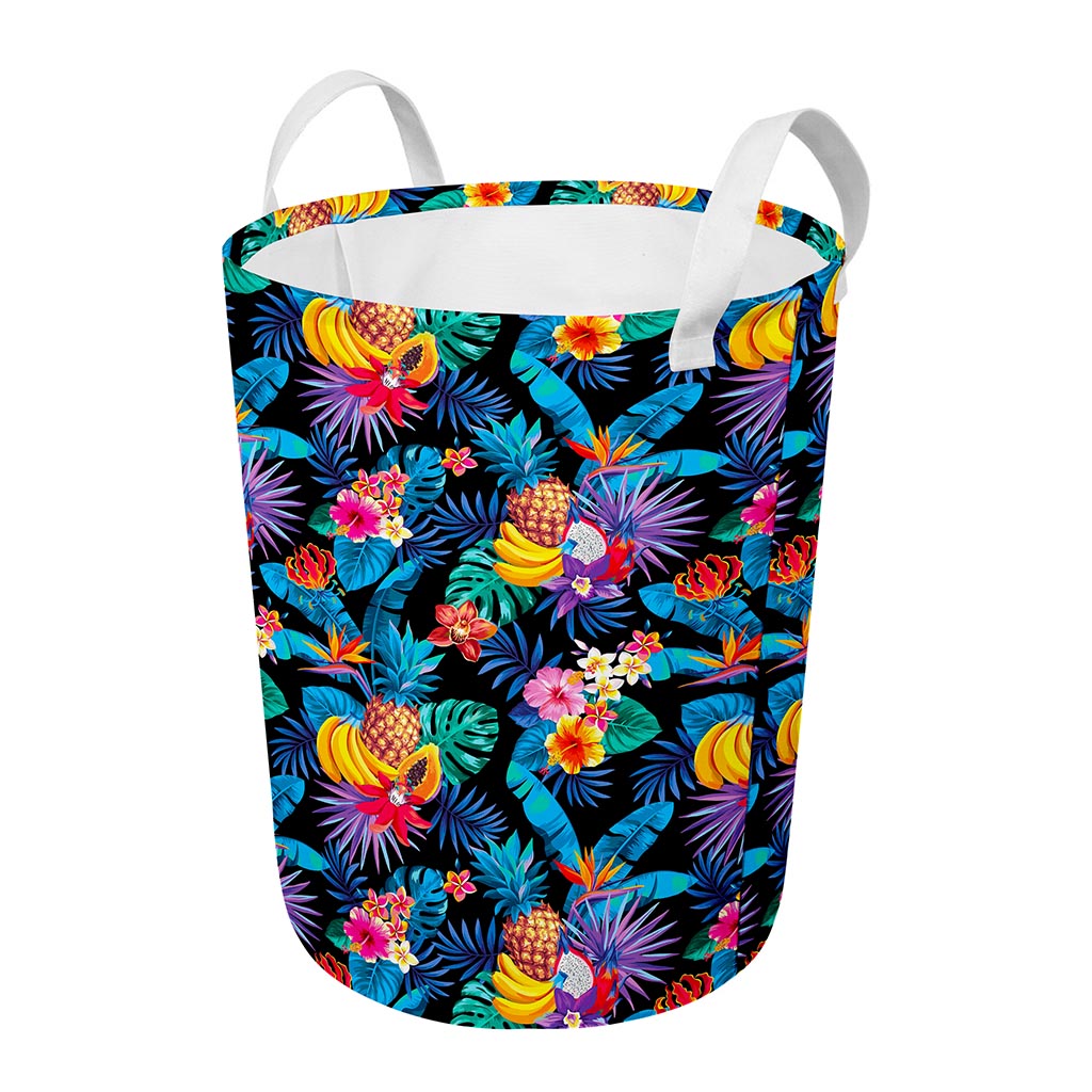 Turquoise Hawaiian Fruits Pattern Print Round Laundry Basket