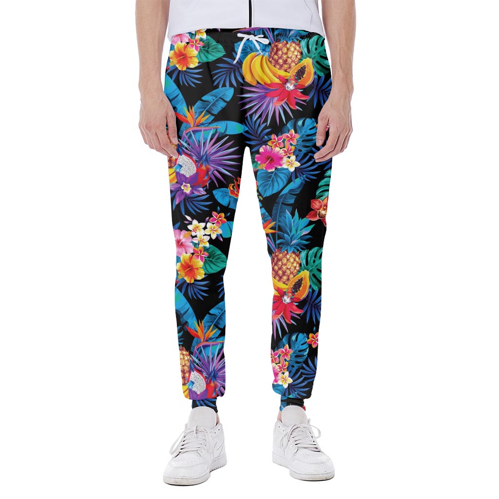 Turquoise Hawaiian Fruits Pattern Print Scuba Joggers