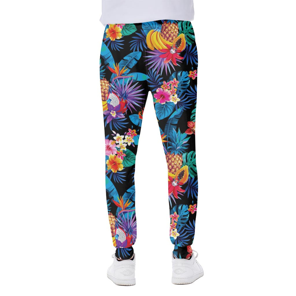 Turquoise Hawaiian Fruits Pattern Print Scuba Joggers