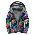 Turquoise Hawaiian Fruits Pattern Print Sherpa Lined Zip Up Hoodie