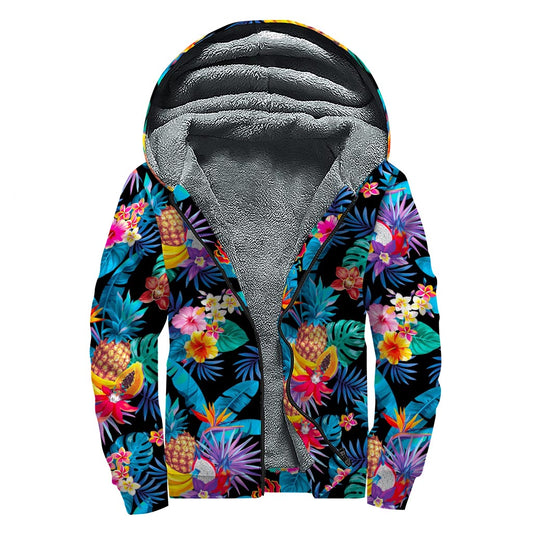 Turquoise Hawaiian Fruits Pattern Print Sherpa Lined Zip Up Hoodie