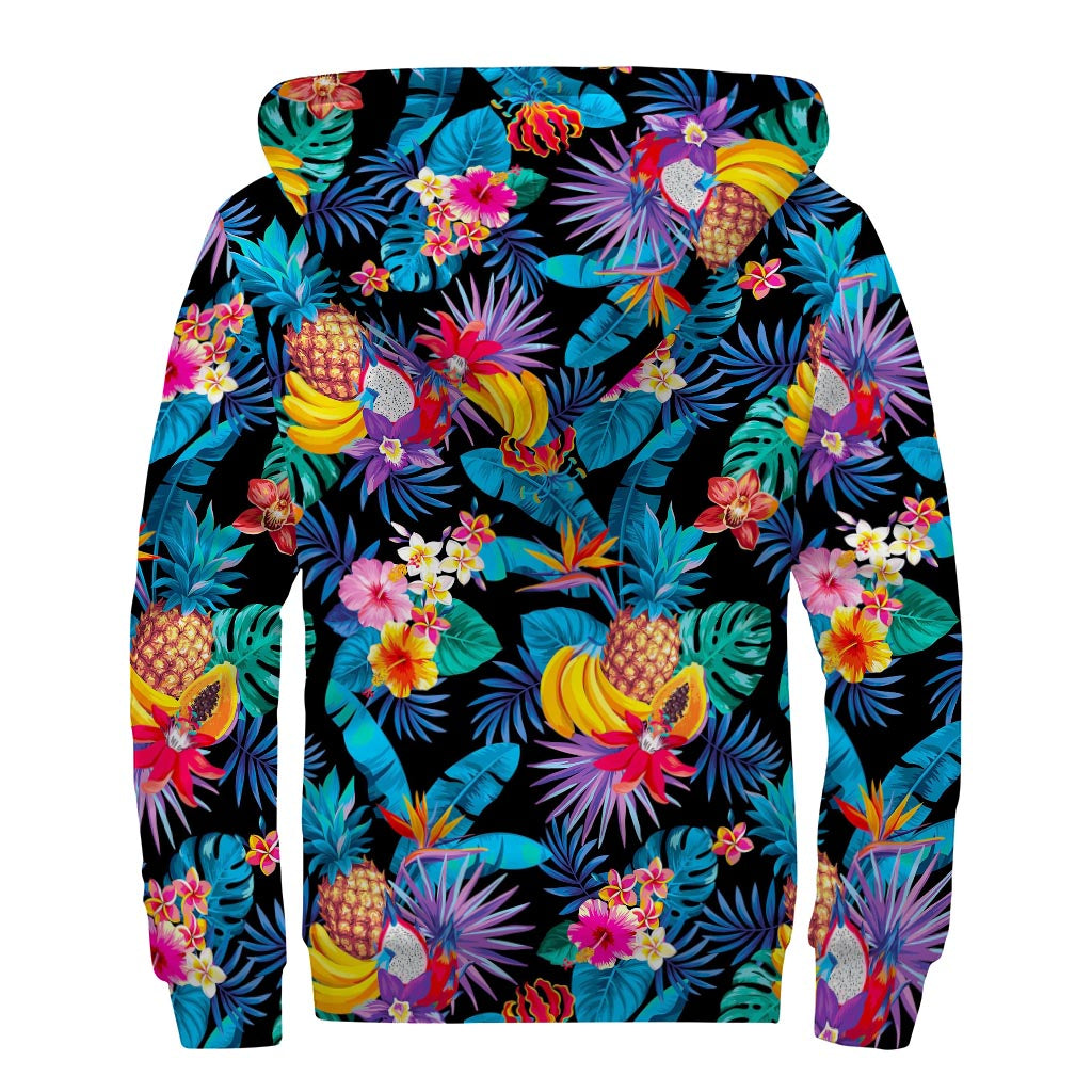 Turquoise Hawaiian Fruits Pattern Print Sherpa Lined Zip Up Hoodie