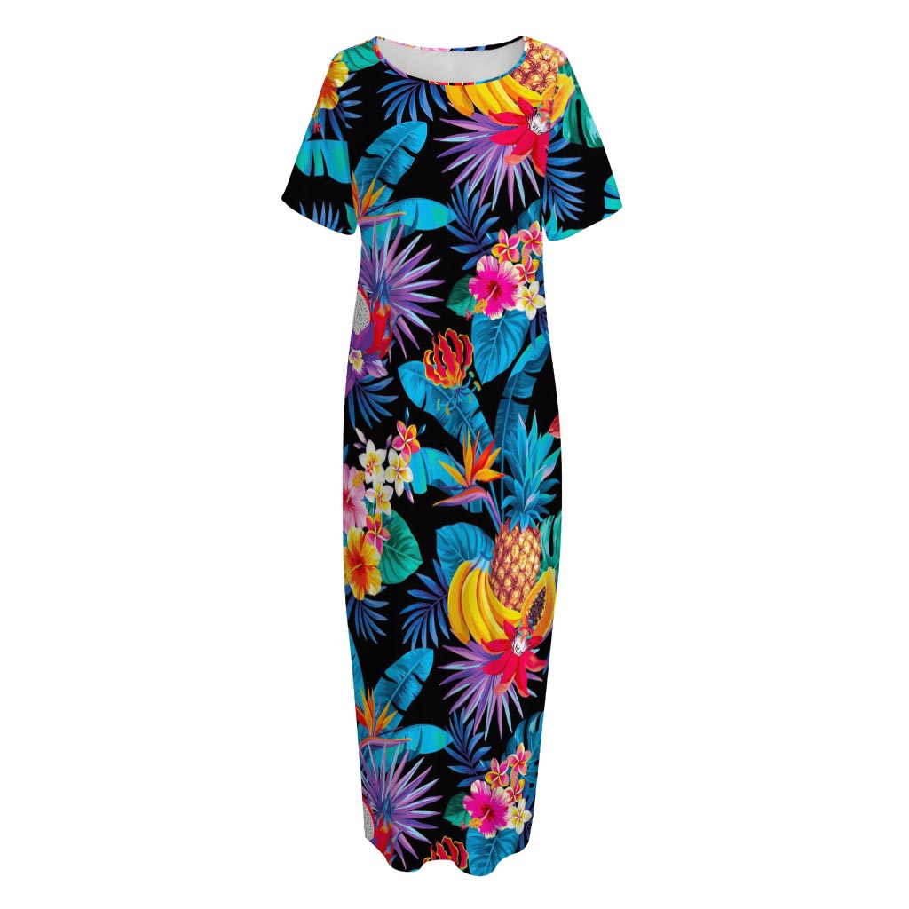 Turquoise Hawaiian Fruits Pattern Print Short Sleeve Long Nightdress