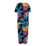 Turquoise Hawaiian Fruits Pattern Print Short Sleeve Long Nightdress