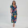 Turquoise Hawaiian Fruits Pattern Print Short Sleeve Maxi Dress