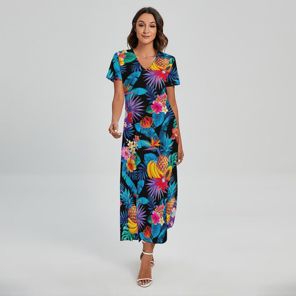 Turquoise Hawaiian Fruits Pattern Print Short Sleeve Maxi Dress