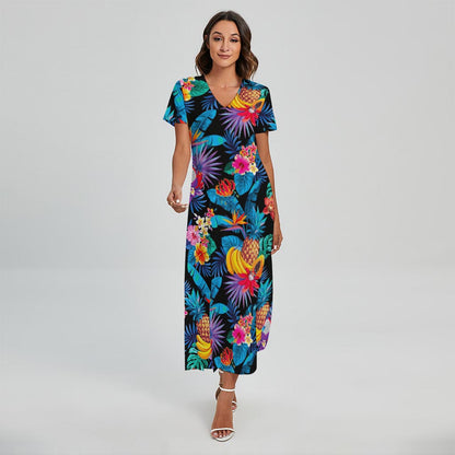 Turquoise Hawaiian Fruits Pattern Print Short Sleeve Maxi Dress