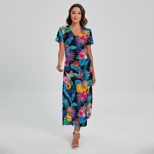 Turquoise Hawaiian Fruits Pattern Print Short Sleeve Maxi Dress