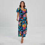 Turquoise Hawaiian Fruits Pattern Print Short Sleeve Maxi Dress