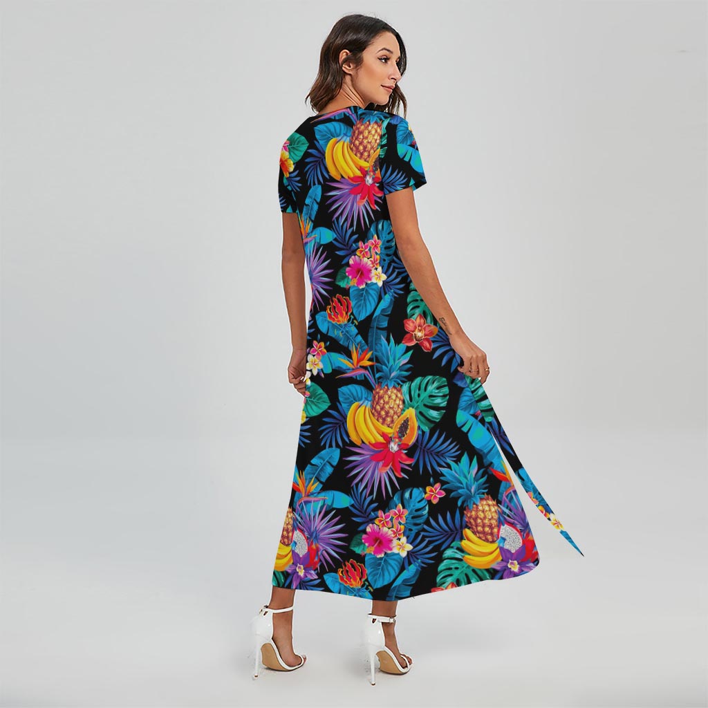 Turquoise Hawaiian Fruits Pattern Print Short Sleeve Maxi Dress