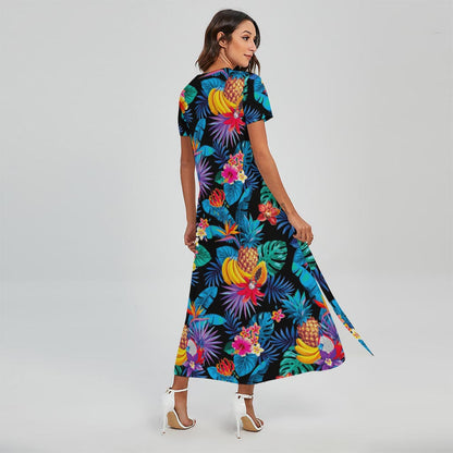 Turquoise Hawaiian Fruits Pattern Print Short Sleeve Maxi Dress