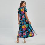 Turquoise Hawaiian Fruits Pattern Print Short Sleeve Maxi Dress