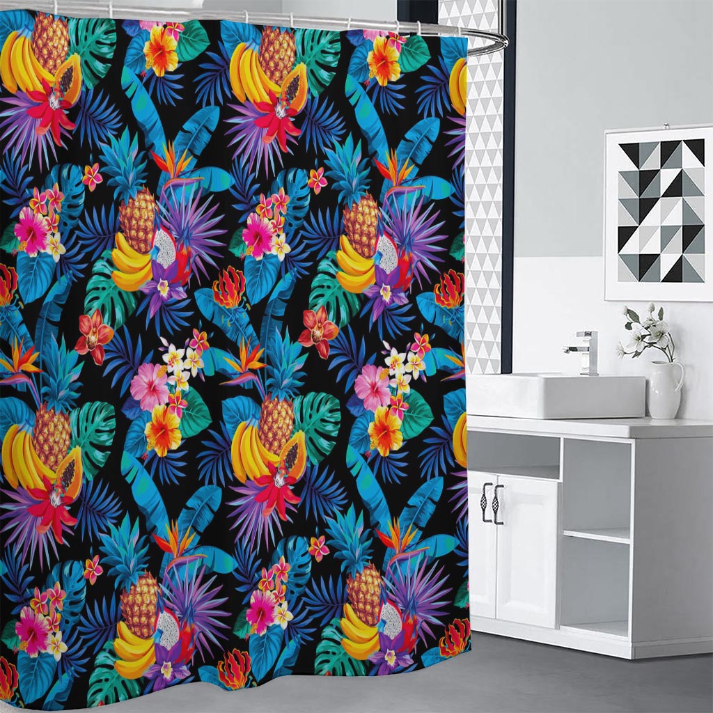 Turquoise Hawaiian Fruits Pattern Print Shower Curtain