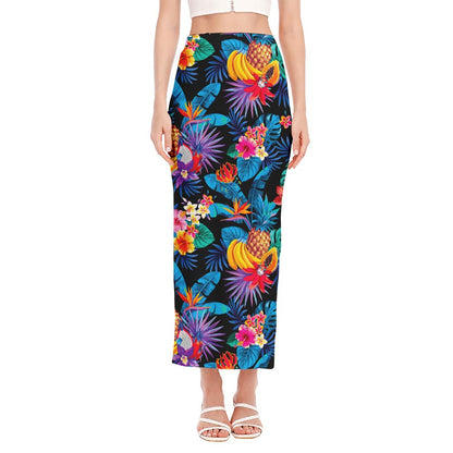 Turquoise Hawaiian Fruits Pattern Print Side Slit Maxi Skirt