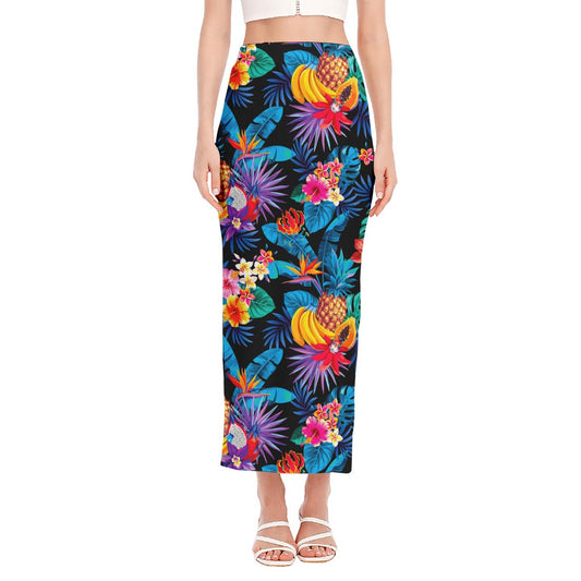 Turquoise Hawaiian Fruits Pattern Print Side Slit Maxi Skirt