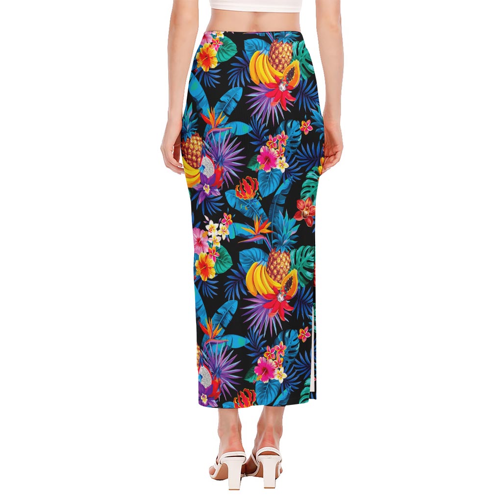 Turquoise Hawaiian Fruits Pattern Print Side Slit Maxi Skirt