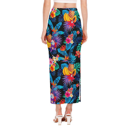 Turquoise Hawaiian Fruits Pattern Print Side Slit Maxi Skirt