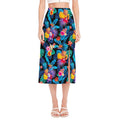 Turquoise Hawaiian Fruits Pattern Print Side Slit Midi Skirt