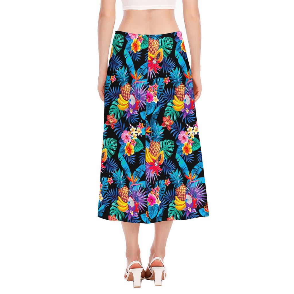 Turquoise Hawaiian Fruits Pattern Print Side Slit Midi Skirt