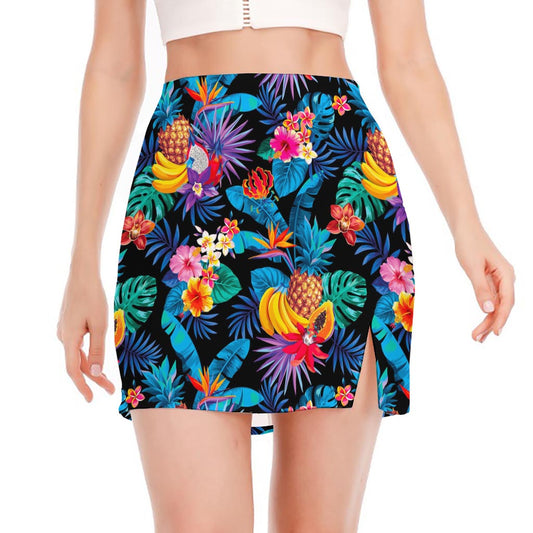 Turquoise Hawaiian Fruits Pattern Print Side Slit Mini Skirt