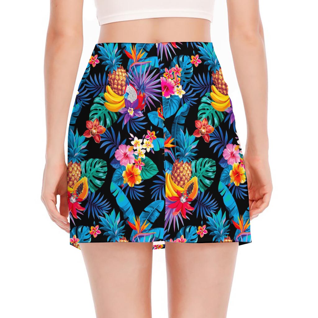 Turquoise Hawaiian Fruits Pattern Print Side Slit Mini Skirt
