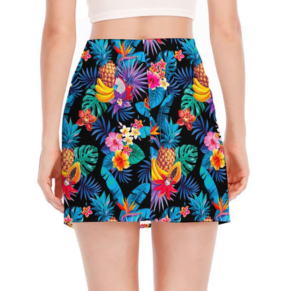Turquoise Hawaiian Fruits Pattern Print Side Slit Mini Skirt
