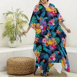 Turquoise Hawaiian Fruits Pattern Print Silk V-Neck Kaftan Dress