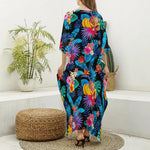 Turquoise Hawaiian Fruits Pattern Print Silk V-Neck Kaftan Dress