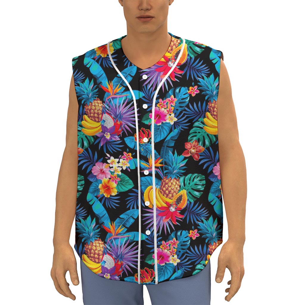 Turquoise Hawaiian Fruits Pattern Print Sleeveless Baseball Jersey