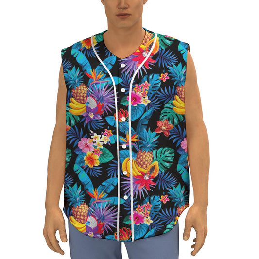 Turquoise Hawaiian Fruits Pattern Print Sleeveless Baseball Jersey
