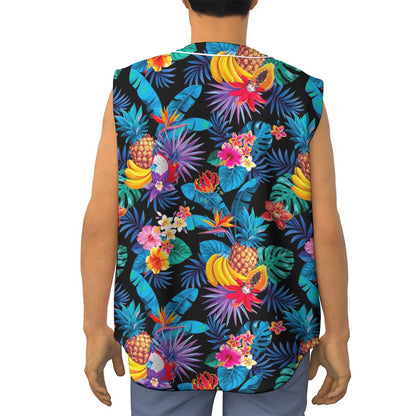 Turquoise Hawaiian Fruits Pattern Print Sleeveless Baseball Jersey