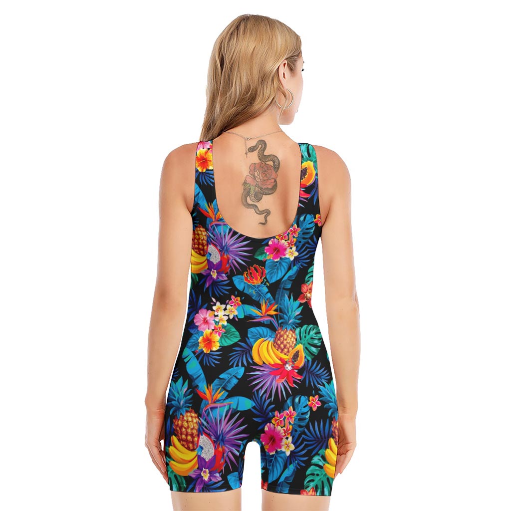 Turquoise Hawaiian Fruits Pattern Print Sleeveless One Piece Swimsuit