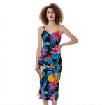 Turquoise Hawaiian Fruits Pattern Print Slim Fit Midi Cami Dress