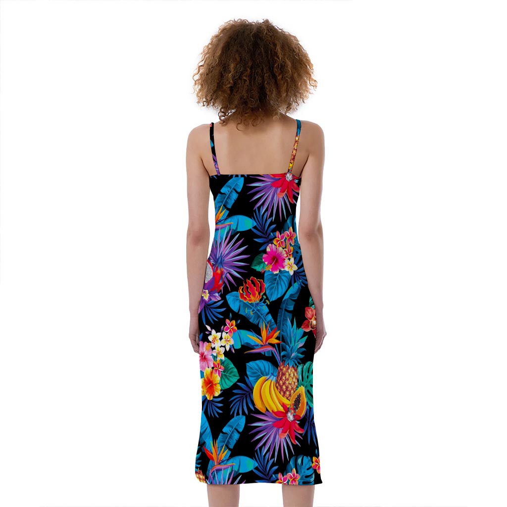 Turquoise Hawaiian Fruits Pattern Print Slim Fit Midi Cami Dress