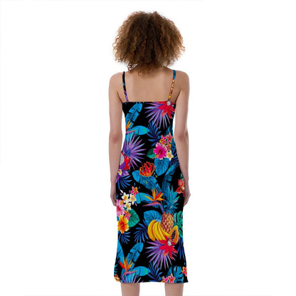 Turquoise Hawaiian Fruits Pattern Print Slim Fit Midi Cami Dress